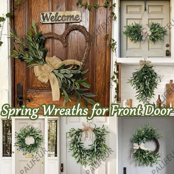 Spring Wreath for Front Door - Artificial Olive Wreath with Green Leaves and Berries, Faux Floral Door Wreath Decor for Easter, Spring Home Decorations by PALIFEUR