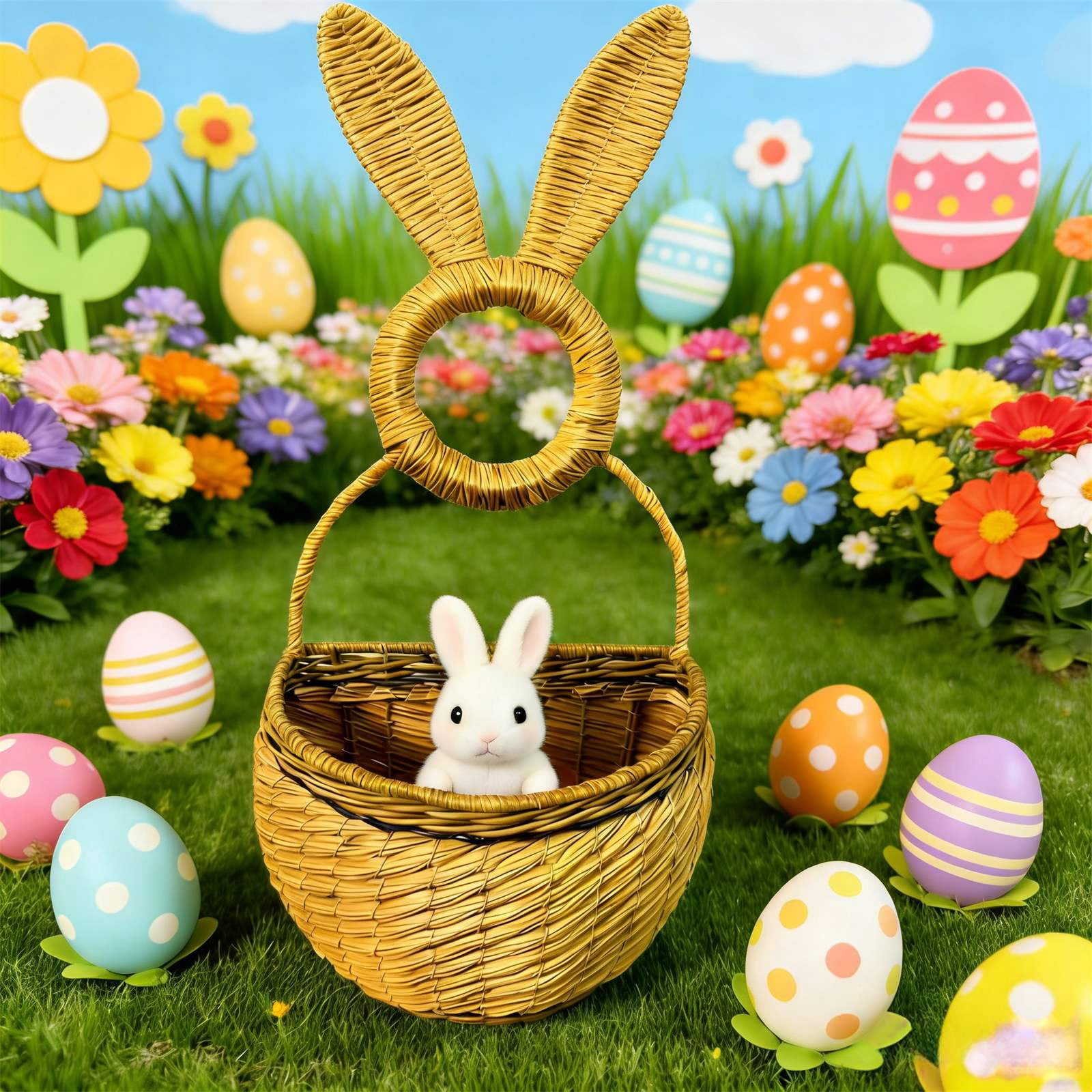 Spring Wreath for Front Door Easter Wreath Basket Artificial Floral Hanging Basket with Woven for Easter Holiday Party Farmhouse Window Porch Door Decor