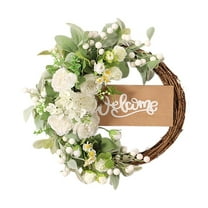 Spring Wreath for Front Door with Welcome Sign,White Hydrangea and Green Farmhouse Wreath,Rattan All-Season Wreath for Porch,Outdoor Wedding,Wall,Home Decor