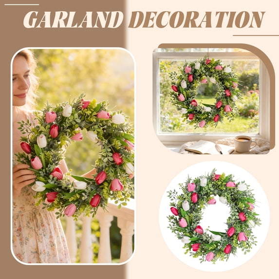 Spring Wreath Front Door Wreath Tulip Wreath Eucalyptus Wreath Porch Decor Greenery Wreath 14" Artificial Tulip Wreath for Spring Summer Home Decor Front Door Porch and Outdoor All Season