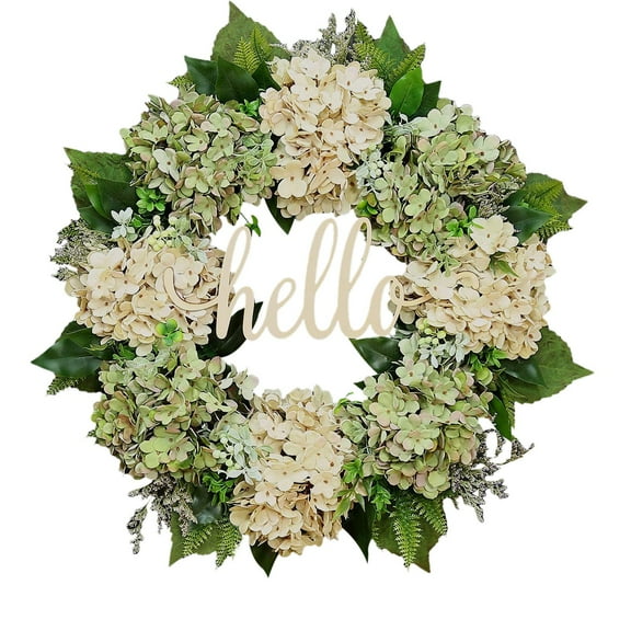 Spring Wreath with Hello Sign Artificial Hydrangea Eucalyptus 15 Inch with Lavender, Light Blue White Green, Spring Easter Summer Front Door Farmhouse Wall Porch Patio Garden Decor(White)