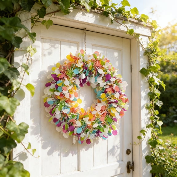 Spring Wreath with LED String Lights 16 Inch Wide Artificial Floral Door Hanging Decoration for Porch Entryway Indoor Outdoor Use Adds Warm Holiday Atmosphere