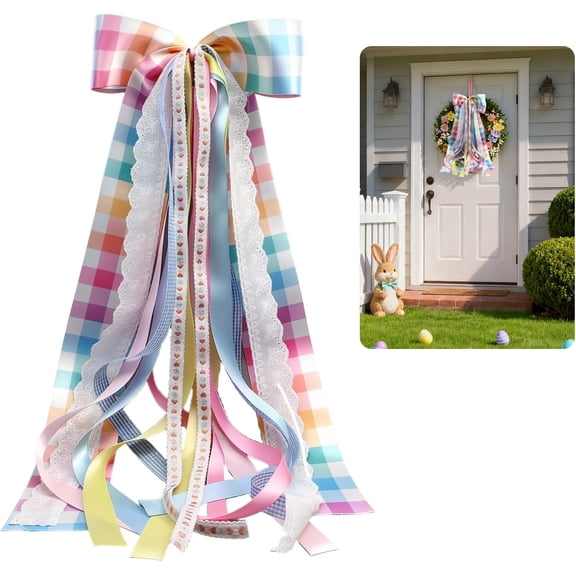 Spring Wreath Sash Bow Decoration, Large Long Tail Bow Knot, Pastel Rainbow Plaid Lace Ribbon, For Front Door Porch Lantern Mailbox Easter Basket Summer Party Decor