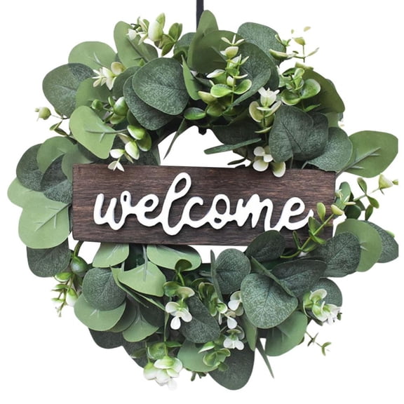 Spring Wreath Welcome Wooden Sign with Artificial Eucalyptus Leaves for Front Door Window Home Decoration