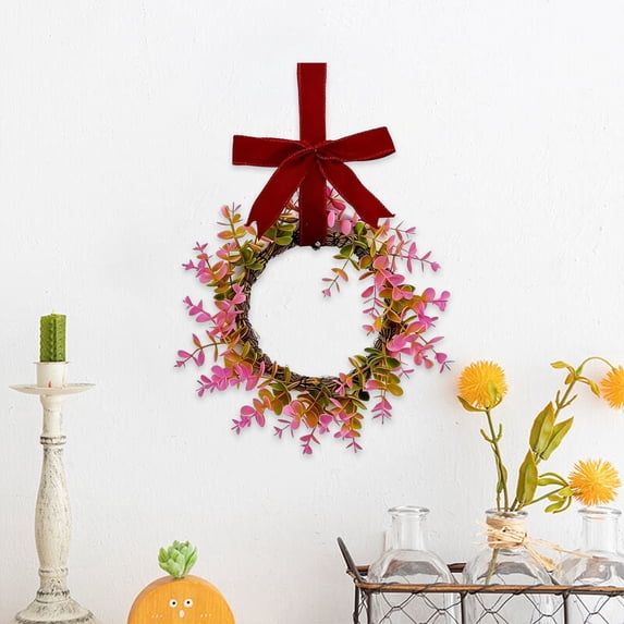 Spring Wreath for Front Door, Artificial Hanging Wreaths with Ribbon Greenery Garland for Cabinet Wall Window Door Fireplace Farmhouse Decor