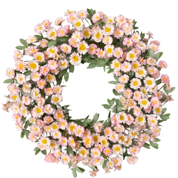 22 inch Pink Daisy Spring Wreath, Artificial Green Leaf Door Decor for Indoor Outdoor Farmhouse