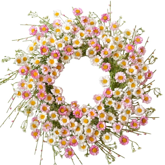 24 Inch Spring Wreaths for Front Door - Artificial Flower Wreath with Baby Pink & Cream Daisy, Summer Floral Wreath for Front Door, Farmhouse Spring Door Wreath for Indoor Outdoor Home Decor