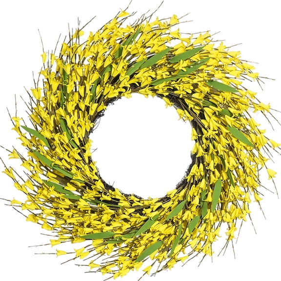 22 inch Spring Wreath, Yellow Forsythia Swirl Design with Green Leaves for Front Door