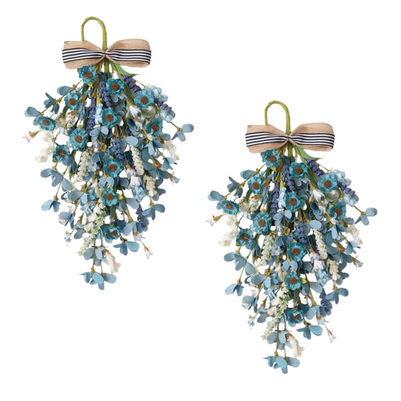 Blue Teardrop Swag 22 Inch, 2Pcs Artificial Spring Summer Swag Decor with Blue White Flowers for Front Door, Wall, Window, Farmhouse Wedding & Home Decor