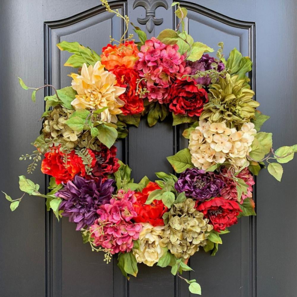 Qunwreath Spring Wreath for Front Door 18 inch Green Hydrangea Summer Handmade Hello Farmhouse Grapevine Wreath