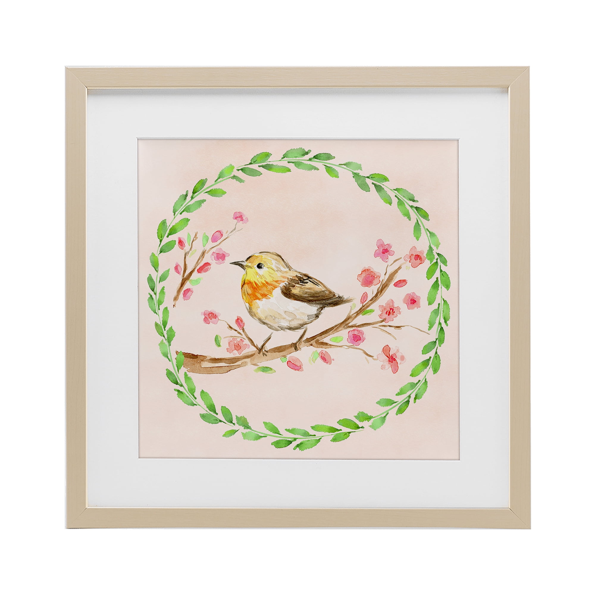 Spring Wreaths Bird Birch Framed Print Under Glass, design by Elena Fay