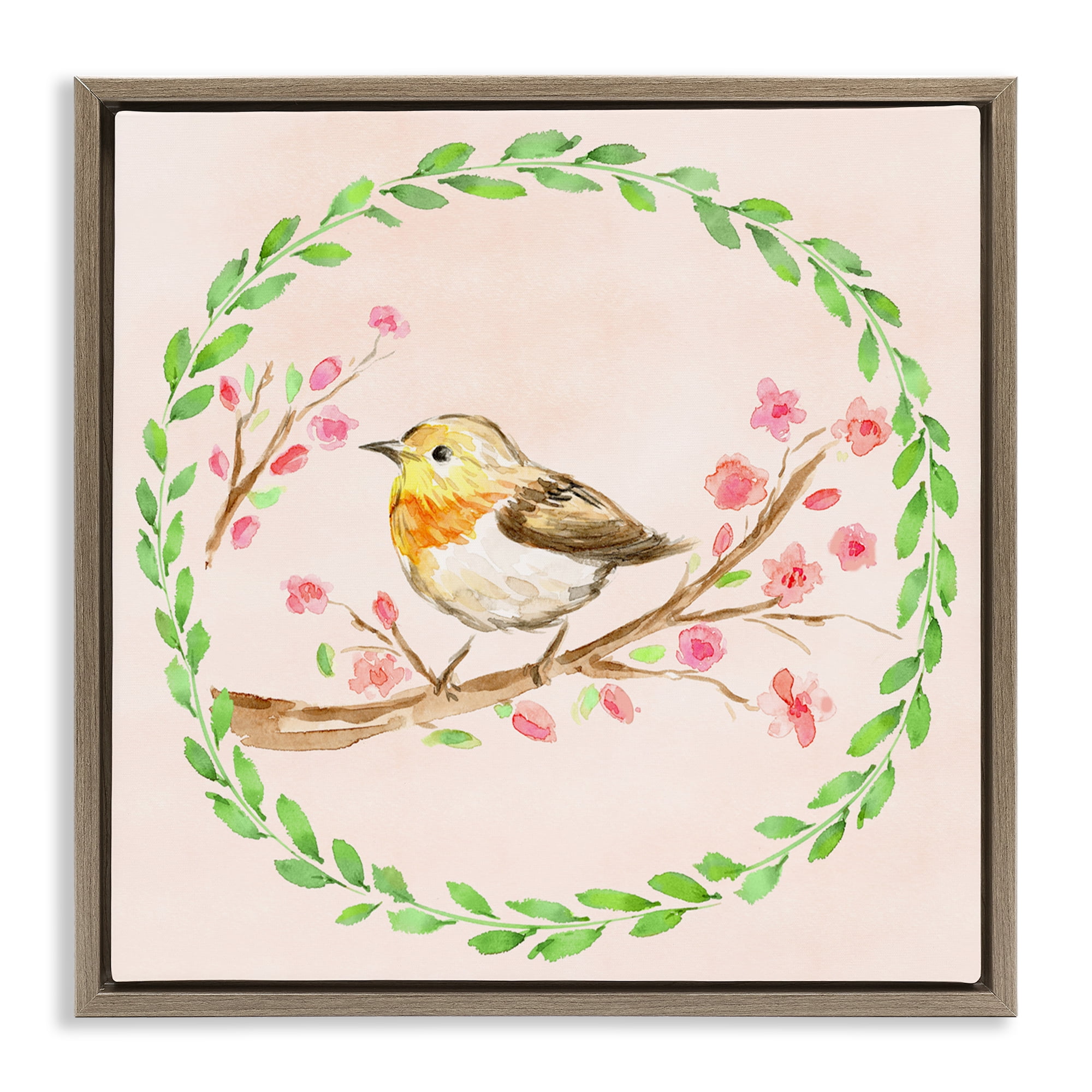 Spring Wreaths Bird Brown Framed Floater Canvas Wall Art, design by Elena Fay