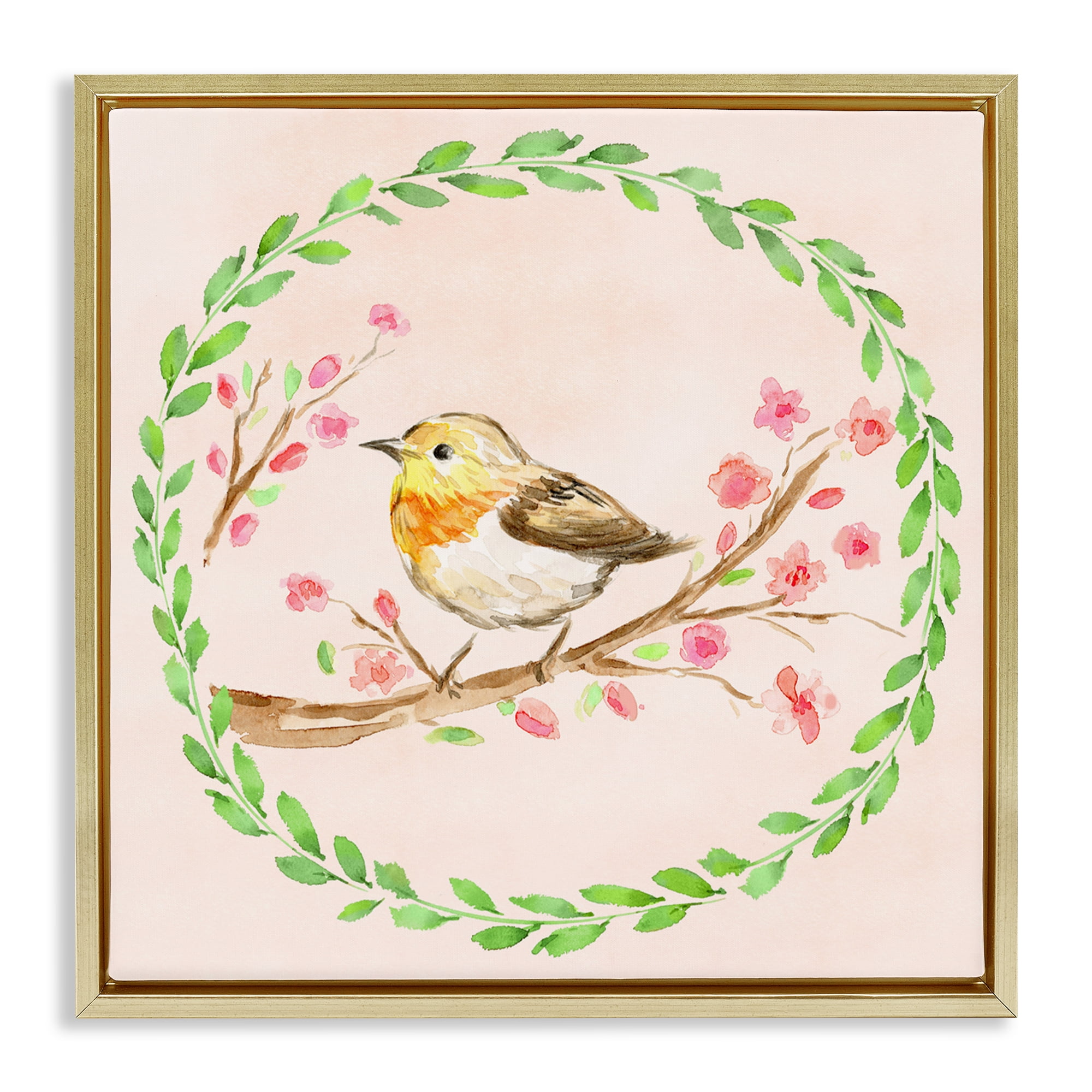 Spring Wreaths Bird Gold Framed Floater Canvas Wall Art, design by Elena Fay