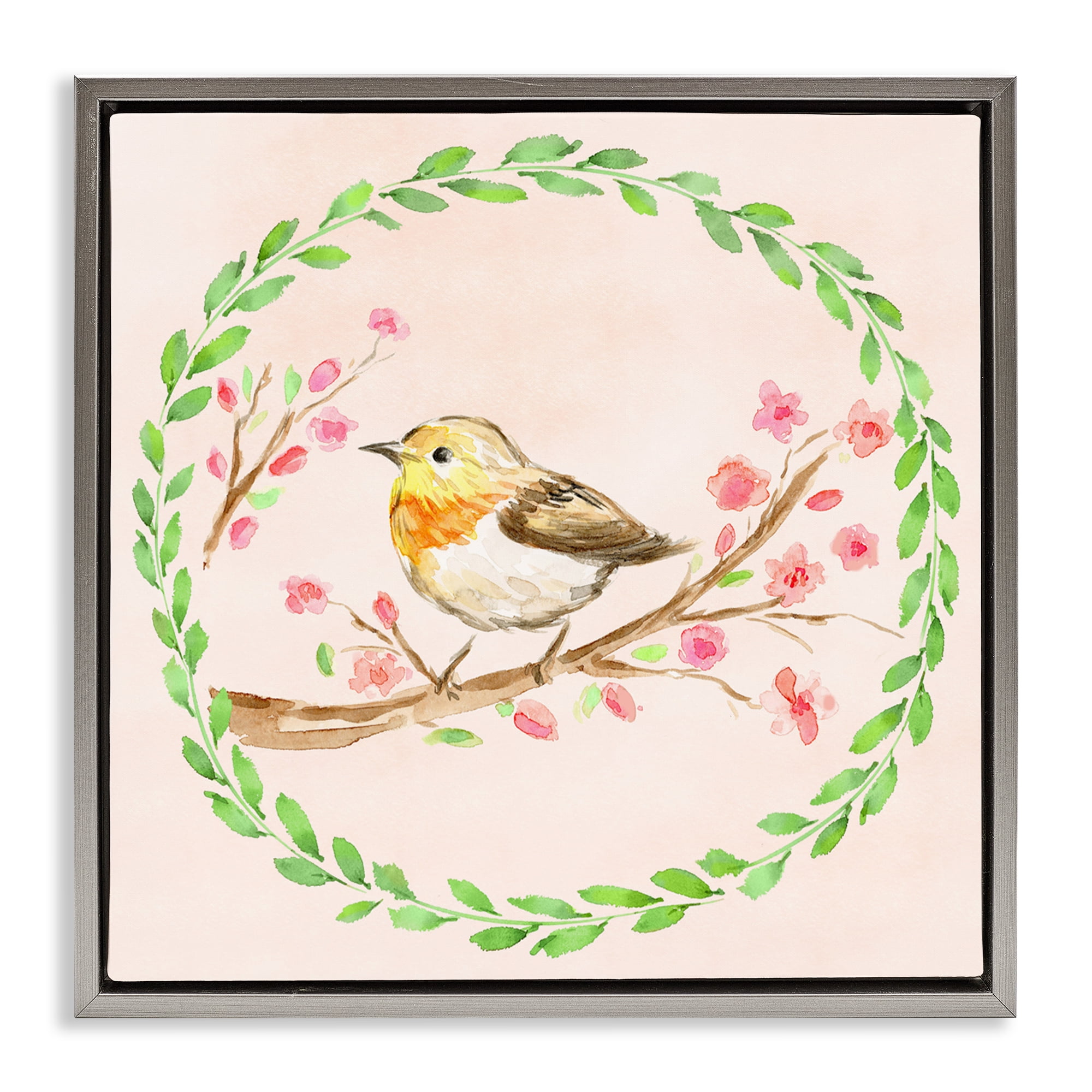 Spring Wreaths Bird Gray Framed Floater Canvas Wall Art, design by Elena Fay
