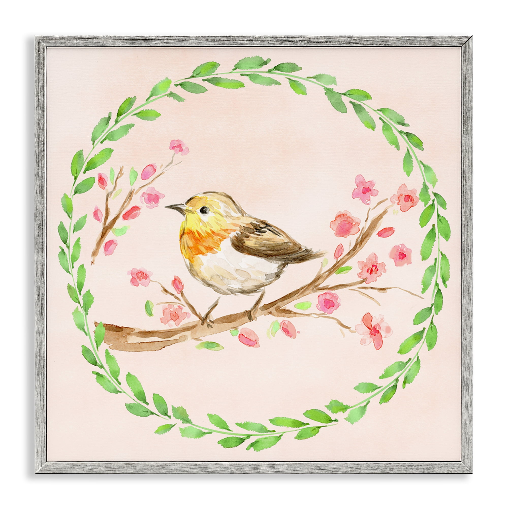 Spring Wreaths Bird Gray Framed Giclee Art, design by Elena Fay