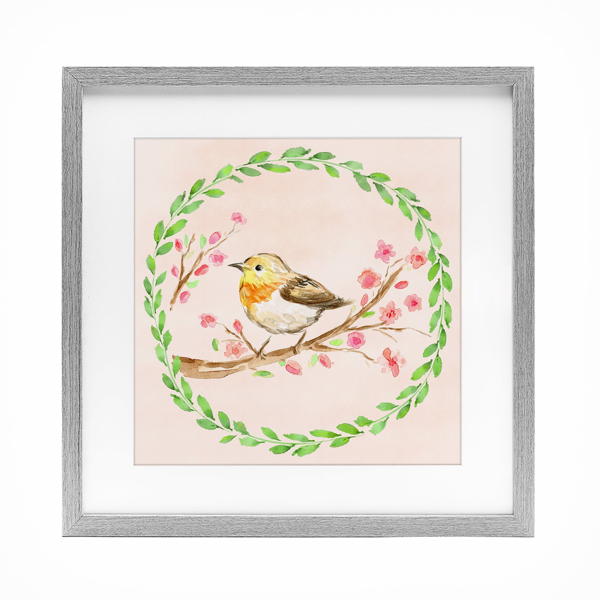 Spring Wreaths Bird Gray Framed Print Under Glass, design by Elena Fay