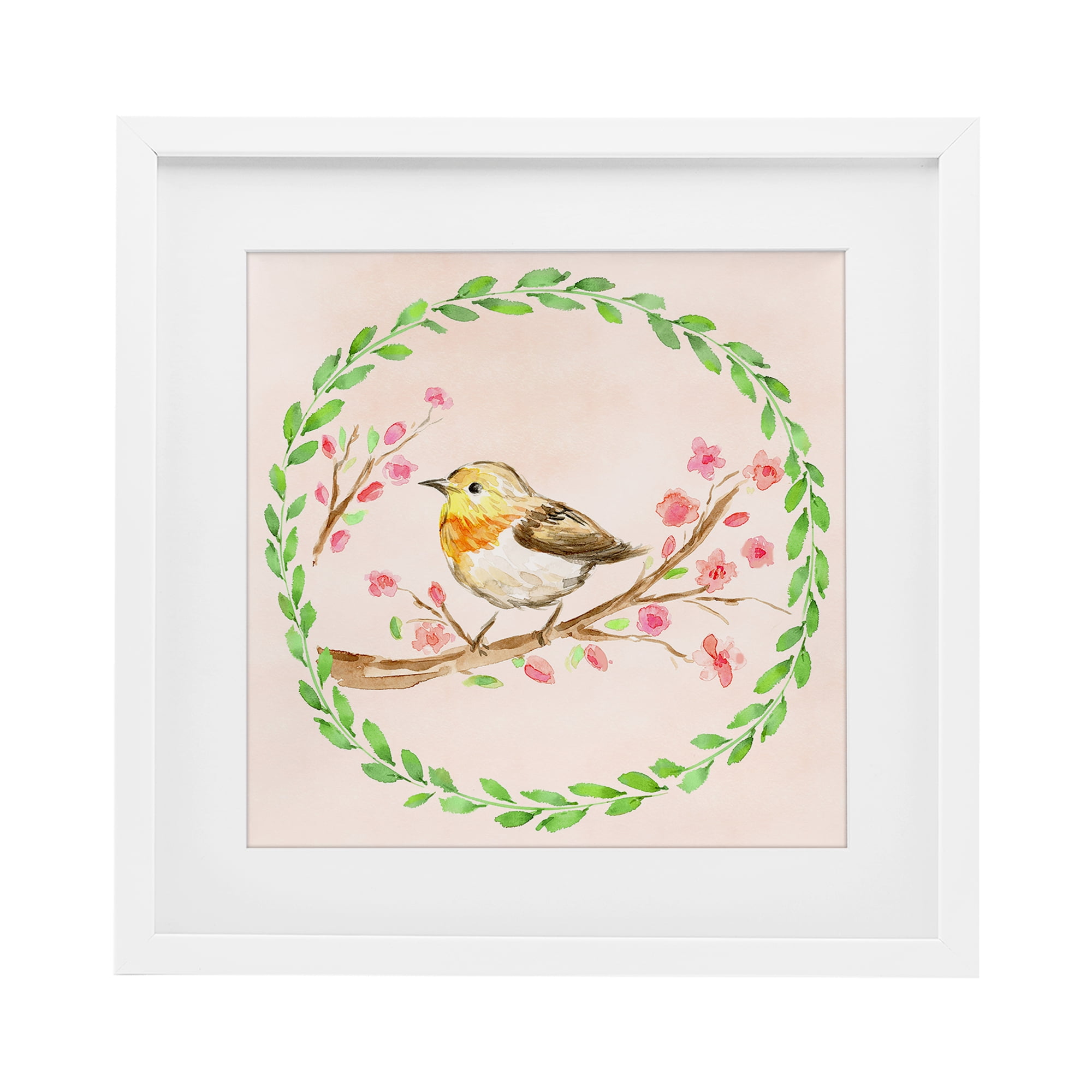 Spring Wreaths Bird White Framed Print Under Glass, design by Elena Fay