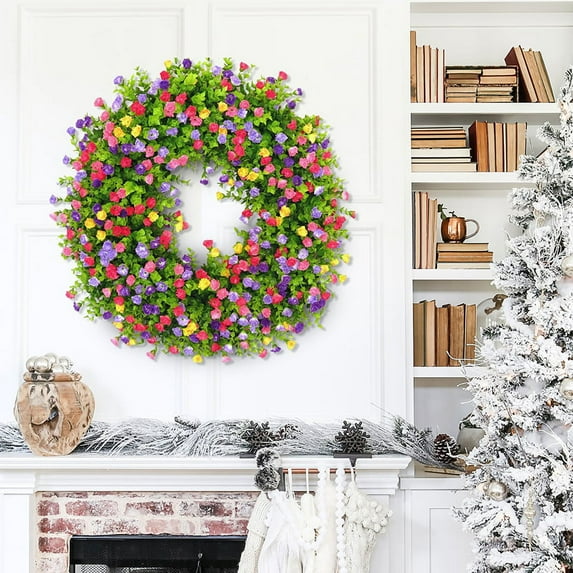 Spring Wreaths for Front Door 18 inches, Spring Door Wreath Eucalyptus Farmhouse Summer Flower Artificial Outdoor Decor Colorful Floral Wreaths Green Decoration Home Wall Garden Window Porch Rustic