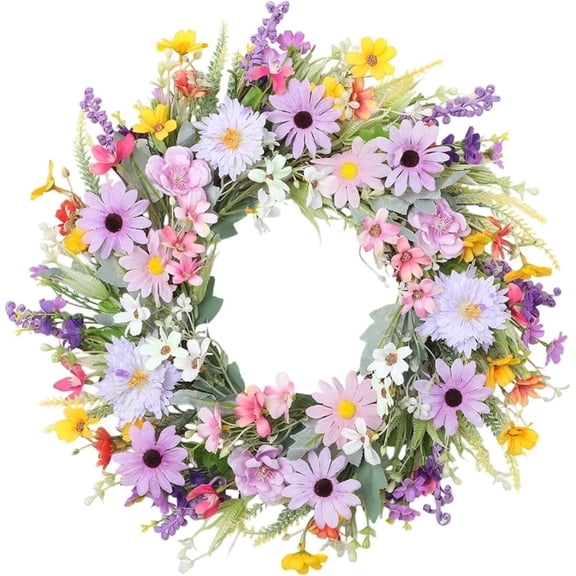 Spring Wreaths for Front Door 20 Inch Artificial Summer Wreath Daisy and Wreath with Wildflowers for Home Wall Farmhouse Springtime Easter Holiday Party