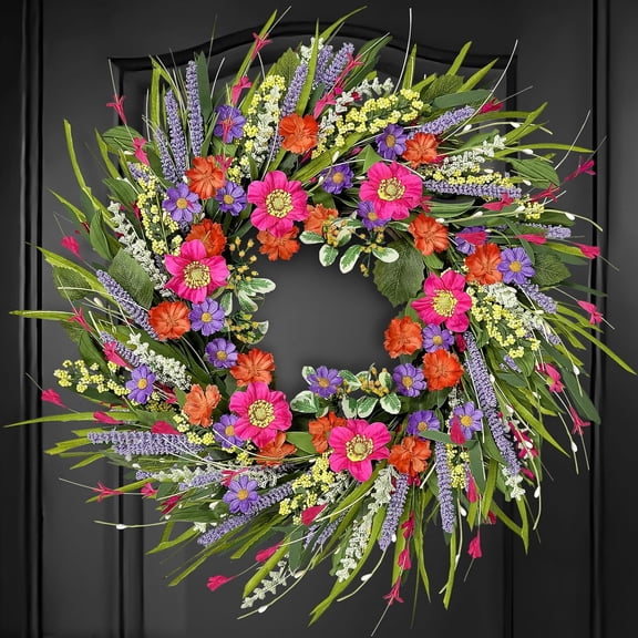 Spring Wreaths for Front Door 21.6 Inch with Vibrant Lavender and Daisy, Large Spring & Summer Wreath for Door Outside, Year Round Farmhouse Wedding Window Wall Decor