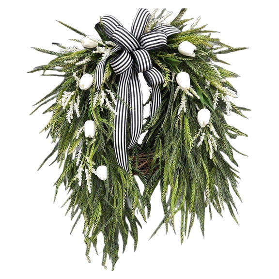 Spring Wreaths for Front Door with Greenery Summer Wreaths for Front Door Outside Spring & Summer Door Wreath with Ribbon Bow Decorative Outdoor Wreath for Front Door