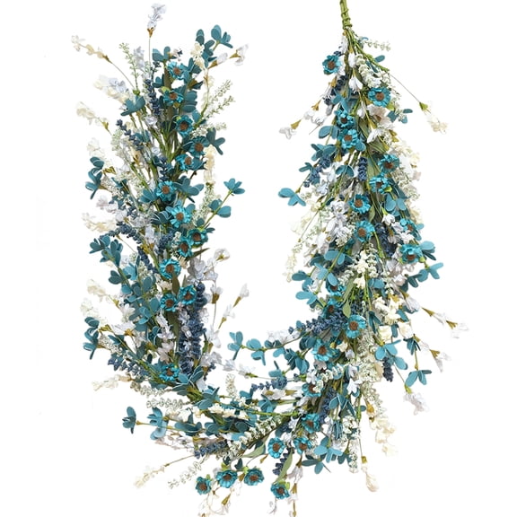 6FT Blue White Artificial Flower Garland, Spring Garland with Greenery, Floral Garland for Wedding Home Mantle Fireplace Stairs Decor