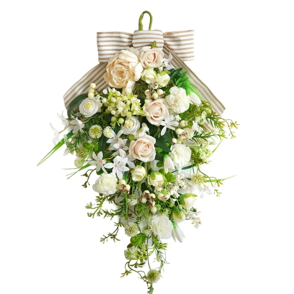 22 Inch Spring White Peony Teardrop Swag with Bow for Front Door, Window Porch, Fireplace, Staircase, Wall, Wedding, Indoor Outdoor Home Decor
