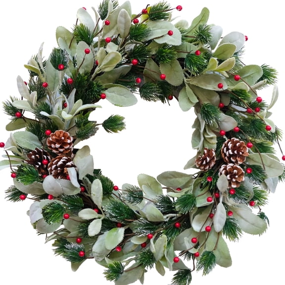 24 inch Christmas Wreath, Pinecone & Red Berry with Pine Leaves and Bunny Ear Foliage
