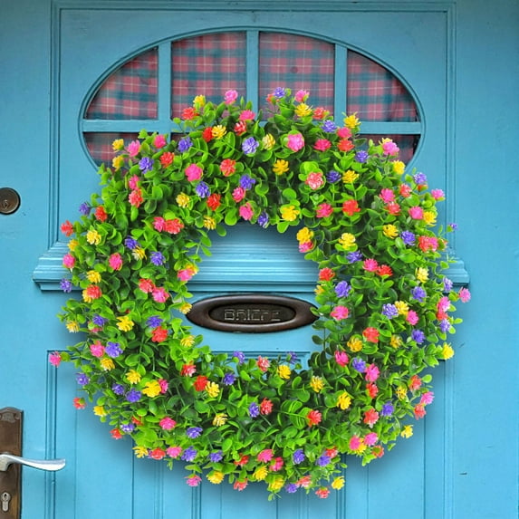 Spring Wreaths for Front Door Artificial Flower Wreath with Plastic Green Eucalyptus Leaves for Farmhouse Home Outdoor Decor