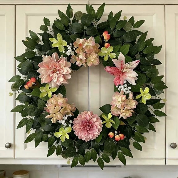Spring Wreaths for Front Door Dahlia 22" Door Wreath with Lily and Mini Hydrangea, Green Artificial Wreath for Home Indoor Windows Hanging Decoration