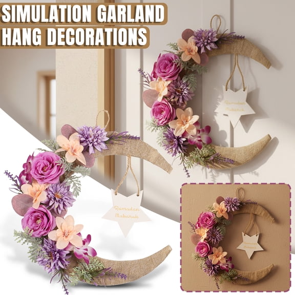 Spring Wreaths for Front Door, Flower Crescent Moon Wreath for Front Door, Wooden Wreath Decorations for Home Party Window Wall