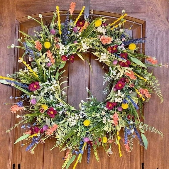 Spring Wreaths for Front Door Welcome Summer Flower Weatherproof Greenery All Seasons Round Wreaths Rustic Decor, Pink,yellow, 13.7in
