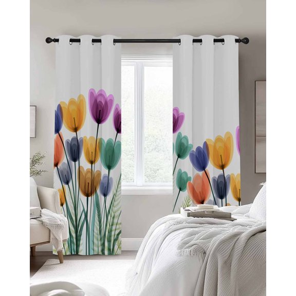 Spring X-ray Blackout Curtains 2 Panels Floral Cartoon Colorful Tulips Flower Leaf Thermal Insulated Grommet Window Curtains for Bedroom Living Room 27.5"x39"