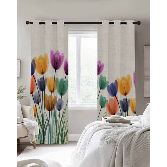 Spring X-ray Blackout Curtains 2 Panels Floral Cartoon Colorful Tulips Leaf Retro Thermal Insulated Grommet Window Curtains for Bedroom Living Room 27.5"x39"
