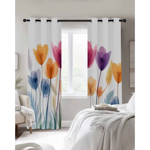 Spring X-ray Blackout Curtains 2 Panels Floral Cartoon Multicolor Tulips Flower Leaf Thermal Insulated Grommet Window Curtains for Bedroom Living Room 27.5"x39"