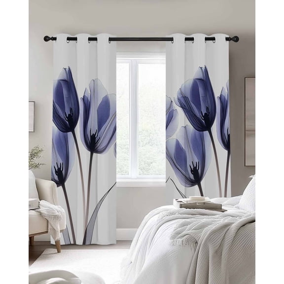 Spring X-ray Blackout Curtains 2 Panels Image of Dark Purple Tulips Flower Leaf Thermal Insulated Grommet Window Curtains for Bedroom Living Room 27.5"x39"