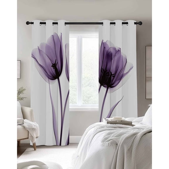 Spring X-ray Blackout Curtains 2 Panels Image of Purple Tulip Flower Thermal Insulated Grommet Window Curtains for Bedroom Living Room 27.5"x39"