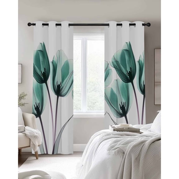 Spring X-ray Blackout Curtains 2 Panels Image of Teal Tulips Floral Leaf Thermal Insulated Grommet Window Curtains for Bedroom Living Room 27.5"x39"