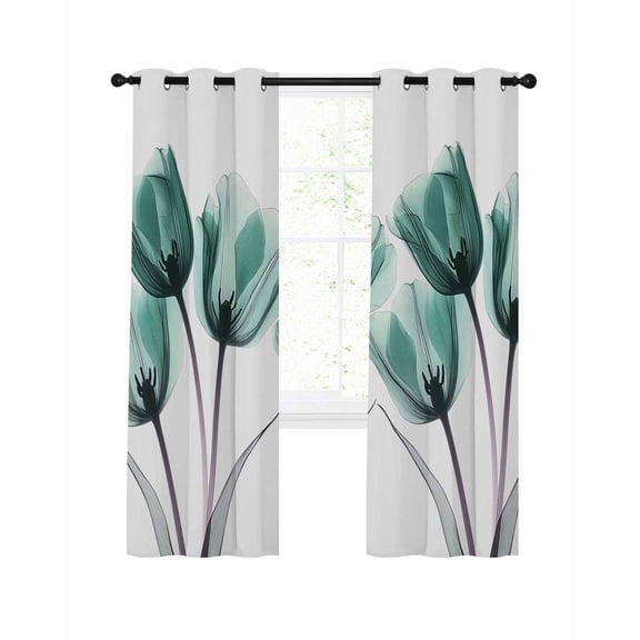 Spring X-ray Blackout Curtains 96 Inch Length Image of Teal Tulips Floral Leaf Thermal Insulated Window Curtain Window Drapes 2 Panels for Bedroom Living Room 52"Wx96"L