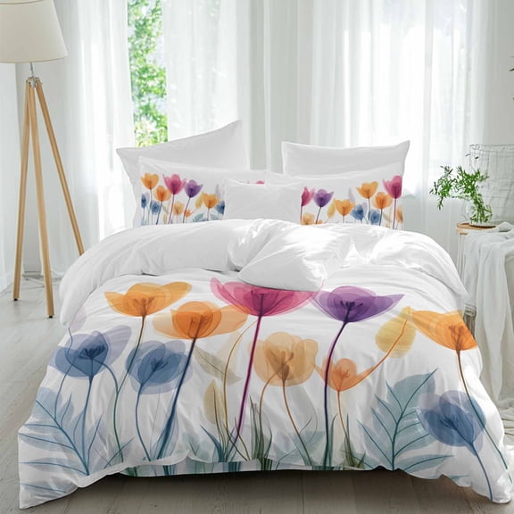 Spring X-ray California King Duvet Cover Set, Floral Cartoon Multicolor Tulips Flower Leaf 4 Piece Microfiber Bedding Set with Zipper Closure, Bed Sheet and 2 Pillow Shams, Soft Bedding Cover