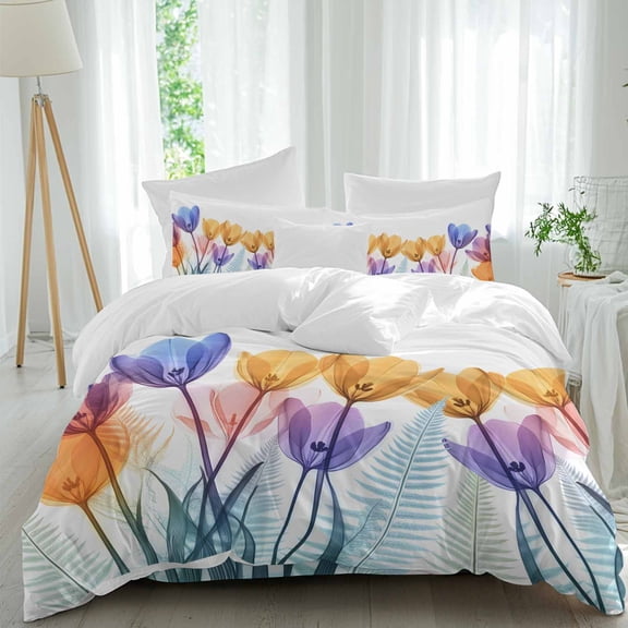 Spring X-ray California King Duvet Cover Set, Floral Yellow Purple Tulips Fern Leaf 4 Piece Microfiber Bedding Set with Zipper Closure, Bed Sheet and 2 Pillow Shams, Soft Bedding Cover