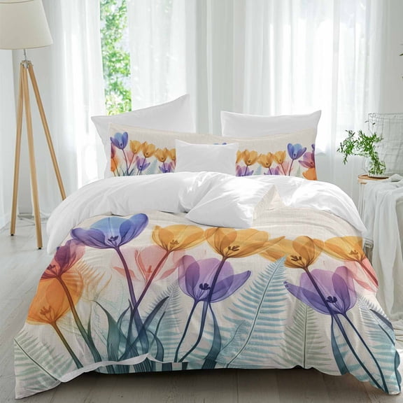 Spring X-ray California King Duvet Cover Set, Floral Yellow Purple Tulips Fern Leaf Retro 4 Piece Microfiber Bedding Set with Zipper Closure, Bed Sheet and 2 Pillow Shams, Soft Bedding Cover