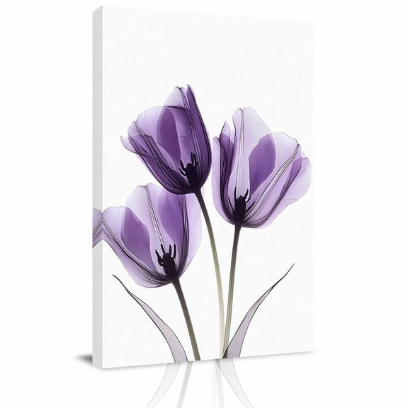 Spring X-ray Canvas Wall Art for Living Room, Image of Purple Tulips Flower Leaf Wall Decor Framed Artwork Pictures Ready to Hang for Bedroom Office Home Decor