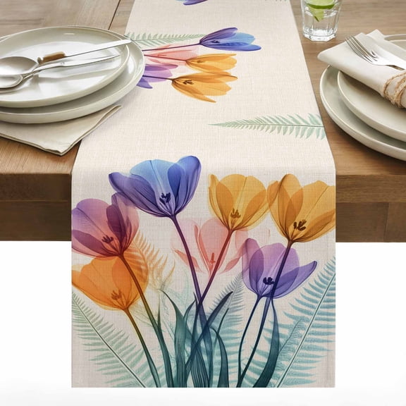 Spring X-ray Cotton Linen Table Runner Floral Yellow Purple Tulips Fern Leaf Retro Dining Table Runners for Home Decor Party Dining Room Restaurant Kitchen 13" x 36"