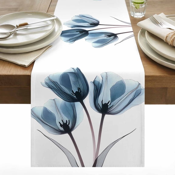 Spring X-ray Cotton Linen Table Runner Image of Blue Tulips Flower Leaf Dining Table Runners for Home Decor Party Dining Room Restaurant Kitchen 13" x 36"
