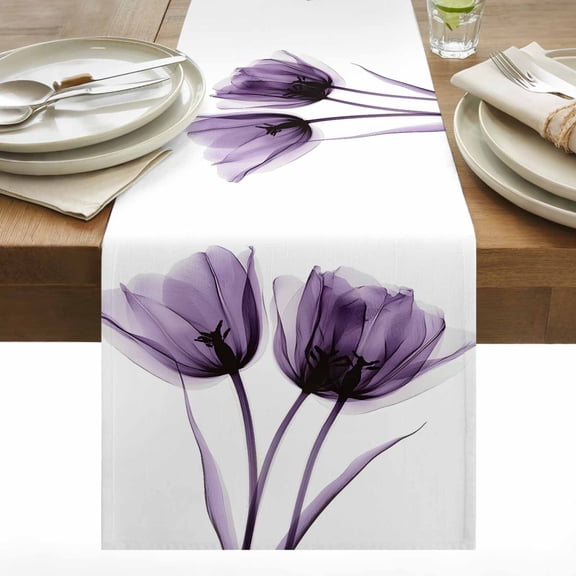 Spring X-ray Cotton Linen Table Runner Image of Purple Tulip Flower Dining Table Runners for Home Decor Party Dining Room Restaurant Kitchen 13" x 36"