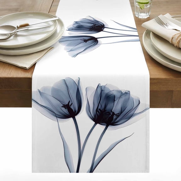 Spring X-ray Cotton Linen Table Runner Image of Black Tulip Flower Dining Table Runners for Home Decor Party Dining Room Restaurant Kitchen 13" x 48"