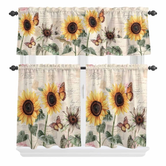 Spring X-ray Curtain Valances Set Floral Yellow Purple Tulips Fern Leaf Kitchen Curtains 36 inch Length Rod Pocket Valance and Tiers 3 Piece Set Small Bedroom Bathroom Laundry Decor