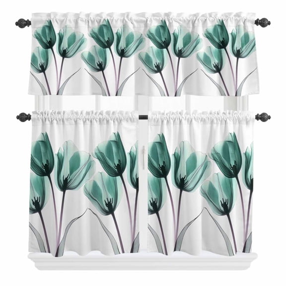 Spring X-ray Curtain Valances Set Image of Teal Tulips Floral Leaf Kitchen Curtains 24 inch Length Rod Pocket Valance and Tiers 3 Piece Set Small Bedroom Bathroom Laundry Decor