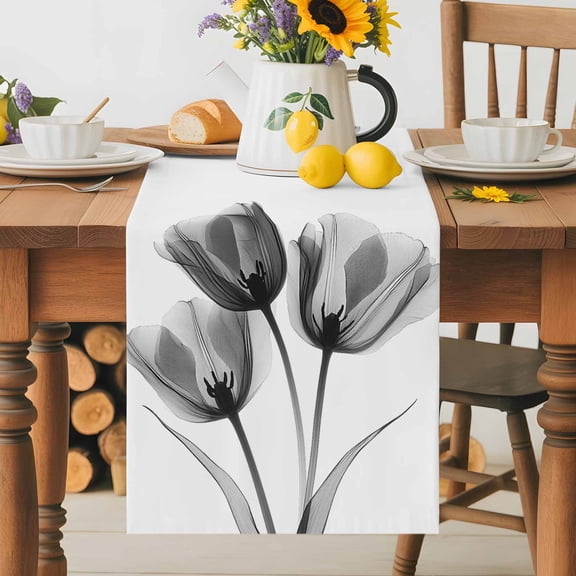 Spring X-ray Dining Table Runner, Image of Black Tulips Floral Leaf Washable Table Runners Kitchen Coffee Table Center Decor for Home Party Holiday Wedding 13 x 36 Inches